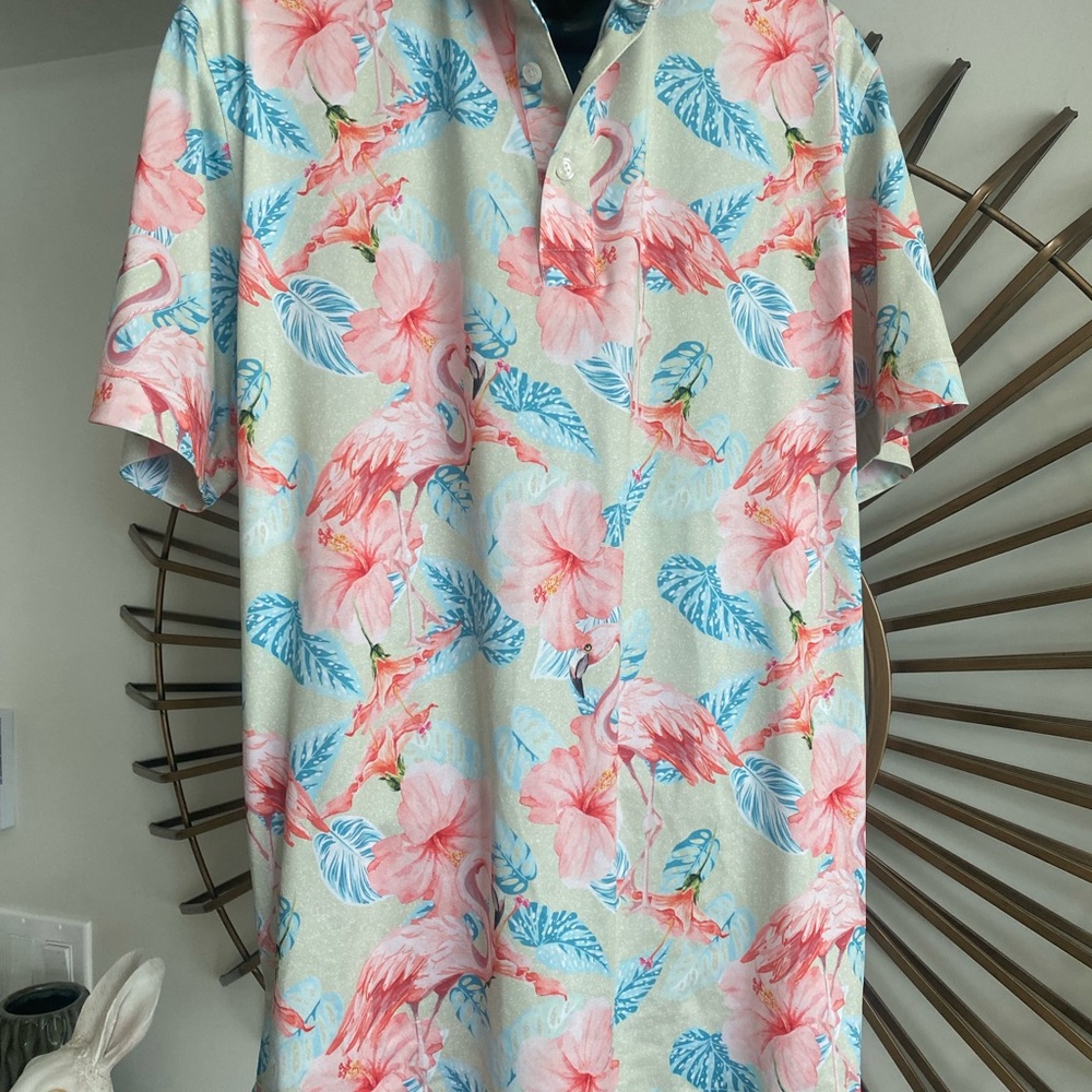 Construct , Pink and Blue flamingo Polo Shirt with Tropical Flair